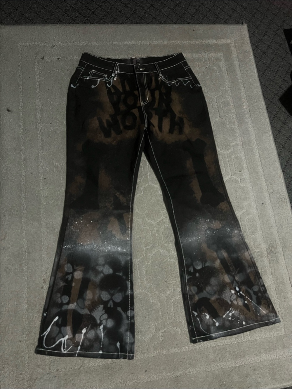 Custom 1 of 1 Black & Brown Graphic Flared Jeans - Custom Spray Skull Design